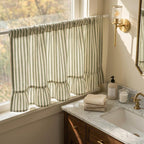 Green Striped Cotton Linen Cafe Curtains with Ruffled Hem, Light Filtering Rod Pocket, Tie Top, Tab Top Window Treatments for Kitchen and Bathroom
