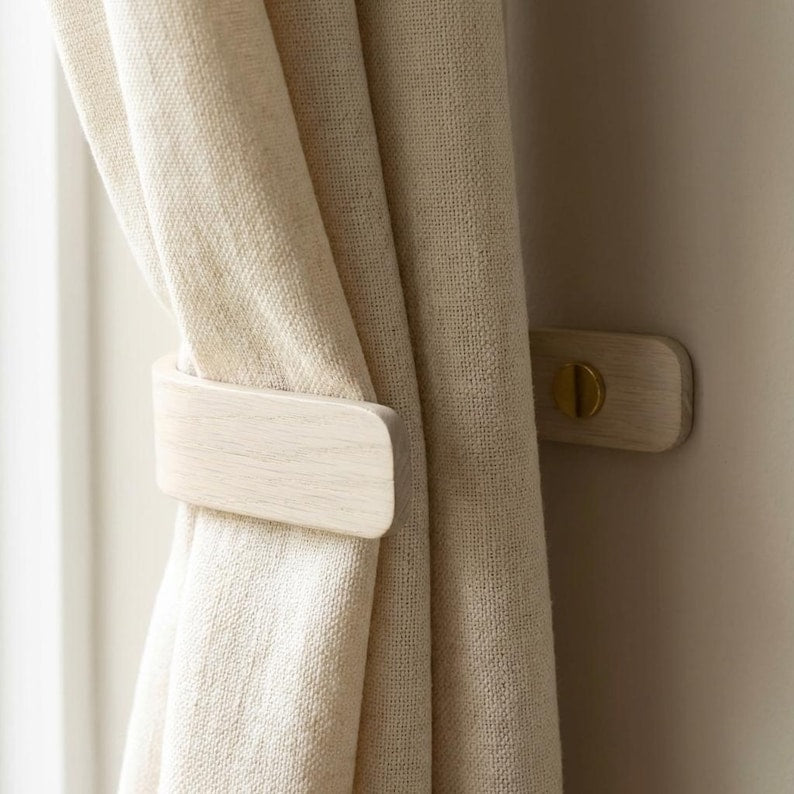 White Curtain Holdbacks with Brass Fittings – Wooden Curtain Tie Backs, Wall Mounted, Modern Minimalist Design