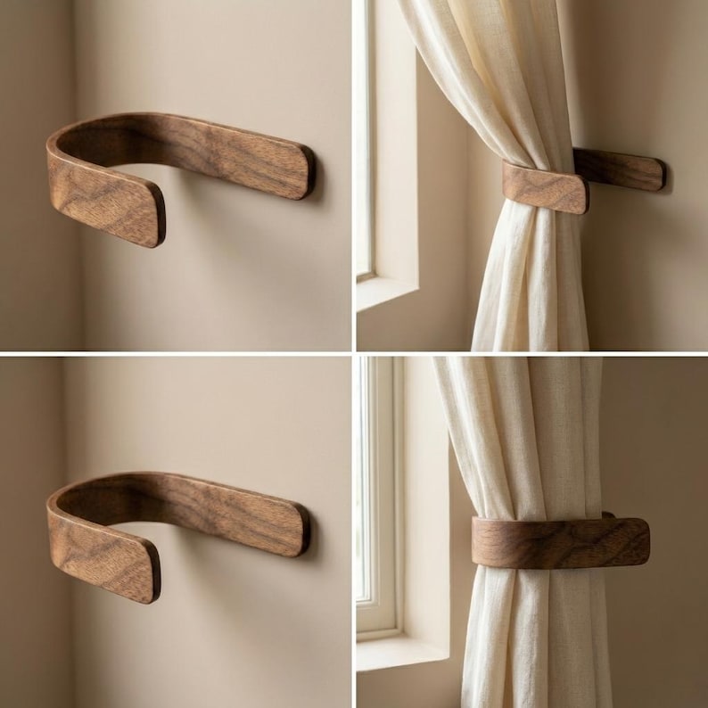Curtain Holdbacks, Walnut Adhesive Tie Backs, No Drill Curtain Hooks, Wooden Wall Mounted Holdbacks