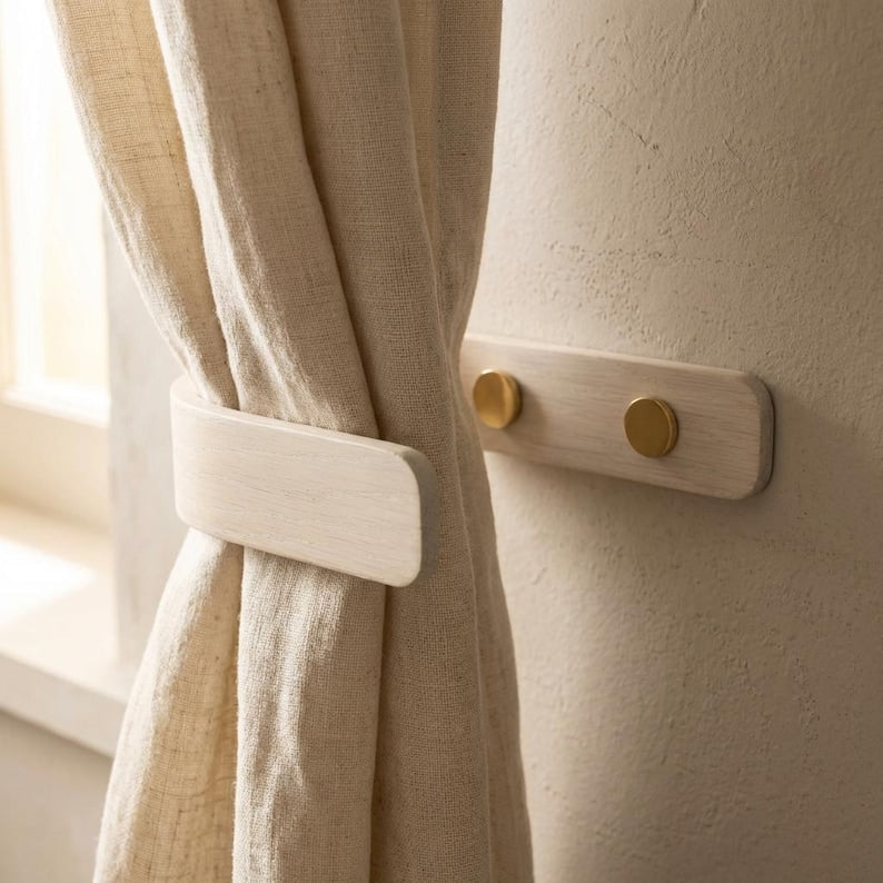 White Curtain Holdbacks with Brass Fittings – Wooden Curtain Tie Backs, Wall Mounted, Modern Minimalist Design