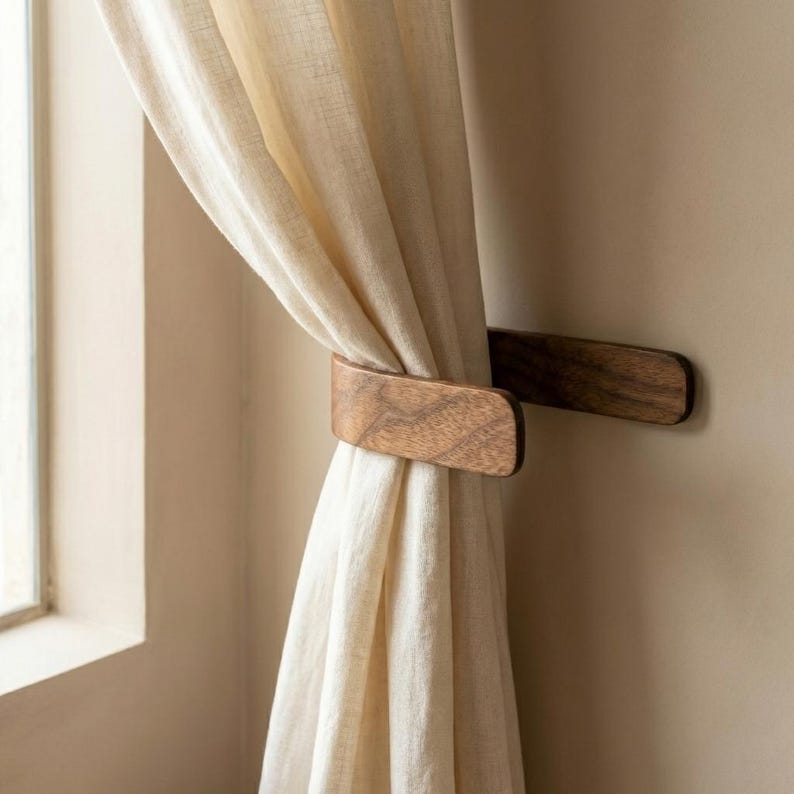Curtain Holdbacks, Walnut Adhesive Tie Backs, No Drill Curtain Hooks, Wooden Wall Mounted Holdbacks