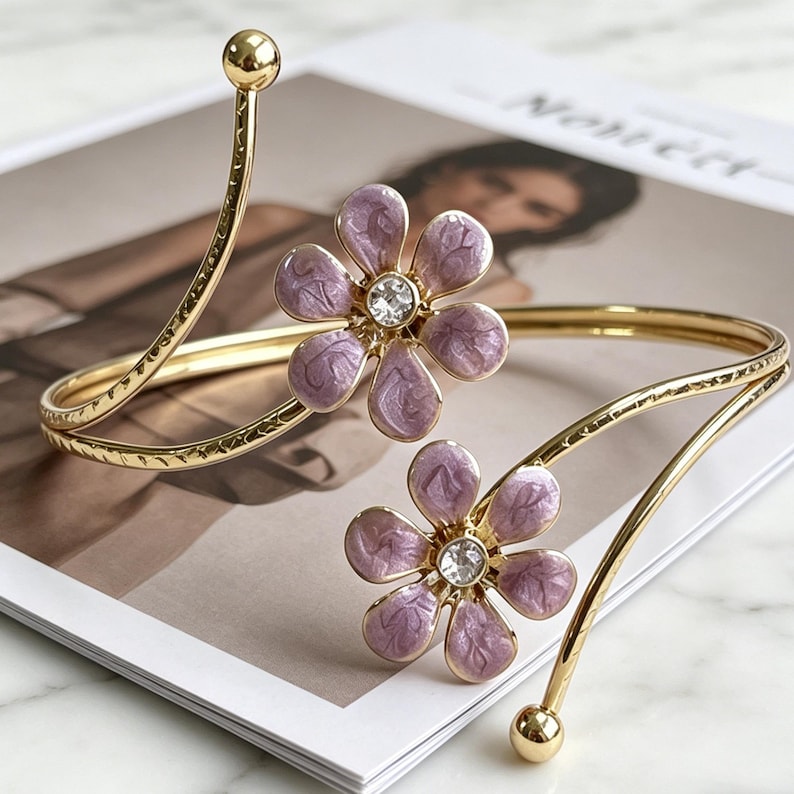Enamel Flower Curtain Tieback with Gold Crystal, Adjustable Spring Holdback, Single