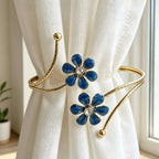 Enamel Flower Curtain Tieback with Gold Crystal, Adjustable Spring Holdback, Single
