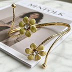 Enamel Flower Curtain Tieback with Gold Crystal, Adjustable Spring Holdback, Single