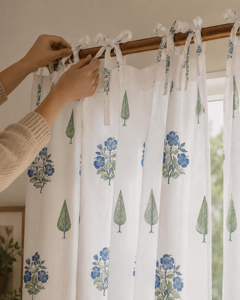 Floral Hand Block Print Cotton Curtain Panel - Blue and Green Window Drape for Boho Farmhouse Home Decor - Light Filtering
