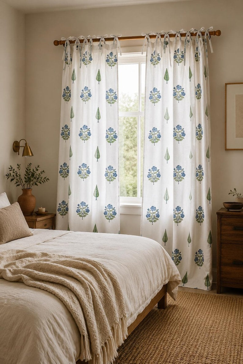 Floral Hand Block Print Cotton Curtain Panel - Blue and Green Window Drape for Boho Farmhouse Home Decor - Light Filtering