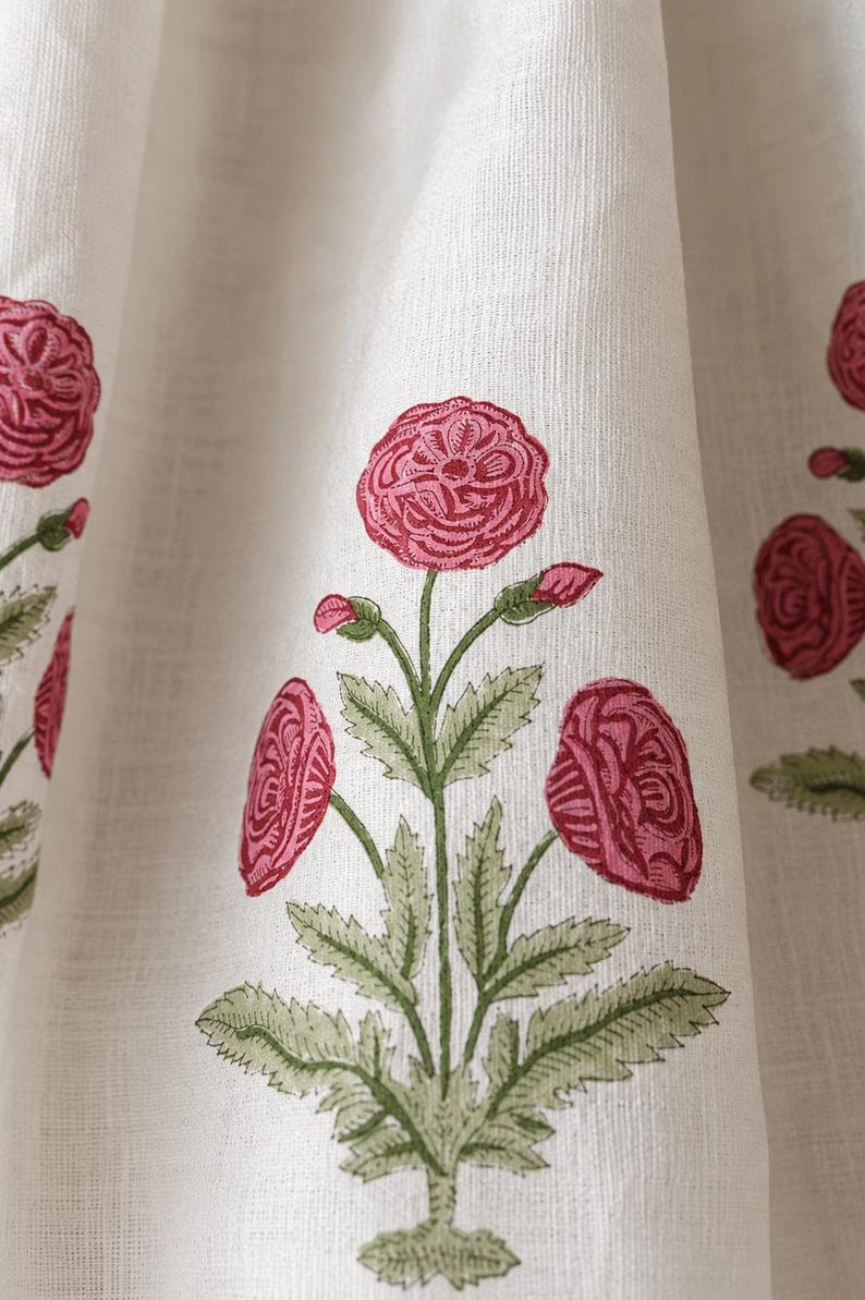 Pink Floral Cotton Curtain Panel - Hand Block Print White Drapes - Boho Farmhouse Window Treatment - 1 Panel