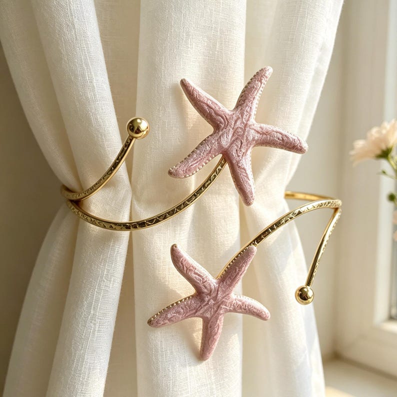 Enamel Starfish Curtain Tiebacks, Coastal Nautical Holdbacks, Beach House Decor