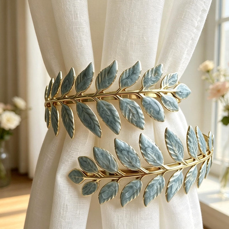 Gold Metal Laurel Leaf Curtain Tiebacks, Set of 2, 4.7in, Polished Enamel Finish