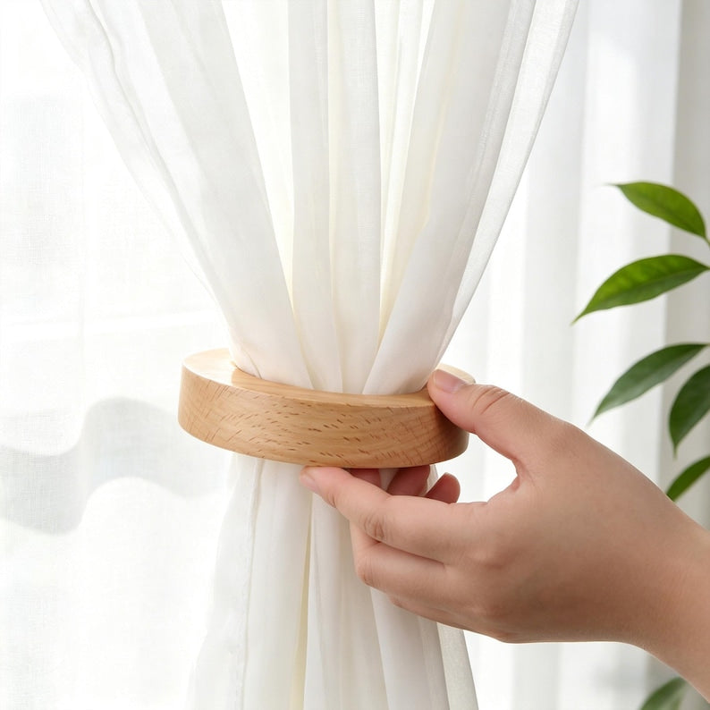 Wooden Magnetic Curtain Holders, Boho Curtain Tiebacks, Rustic Handmade Curtain Clips, Natural Solid Wood, Set of 2