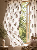 Beige Cotton Curtains with Hand-Carved Floral Block Prints in Maroon