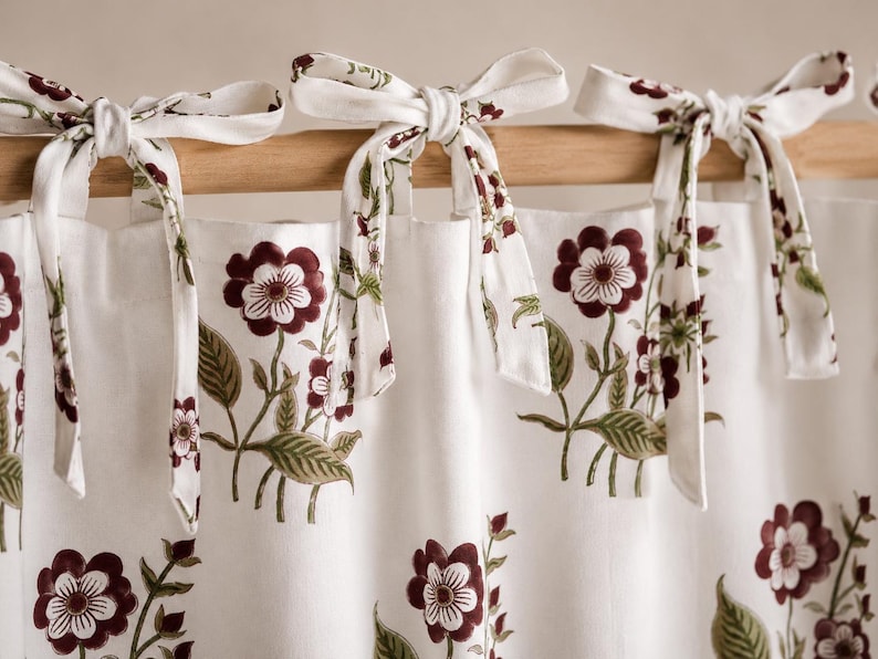 Beige Cotton Curtains with Hand-Carved Floral Block Prints in Maroon