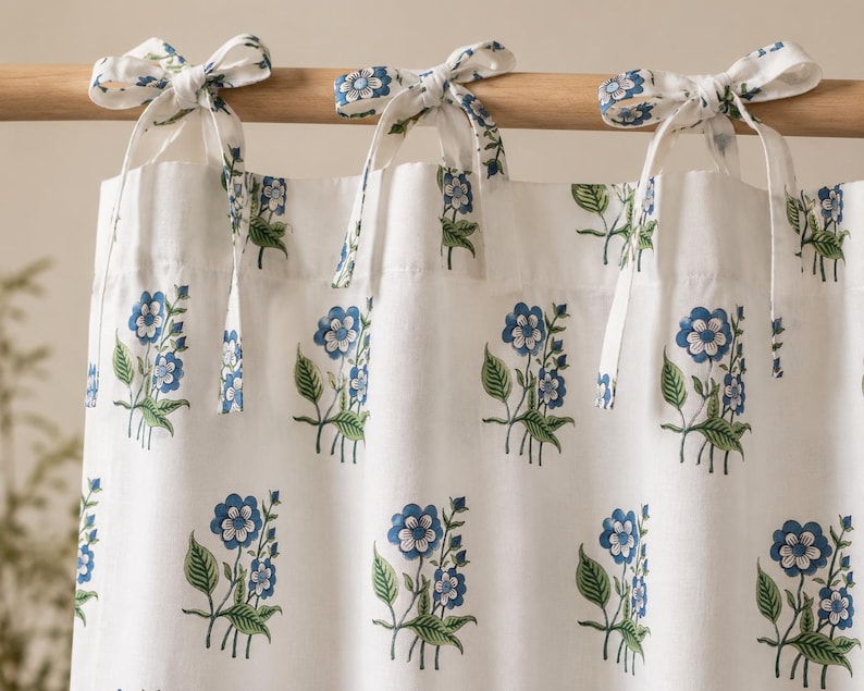 Hand Block Printed Cotton Curtain Panel, Blue White Floral Window Drape for Bedroom Living Room, 1 Panel
