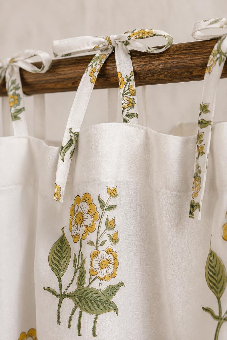 Yellow Floral Hand Block Print Cotton Curtain Panel, Tie Top, White, 1 Panel