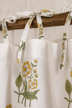 Yellow Floral Hand Block Print Cotton Curtain Panel, Tie Top, White, 1 Panel