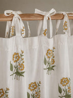 Yellow Floral Hand Block Print Cotton Curtain Panel, Tie Top, White, 1 Panel