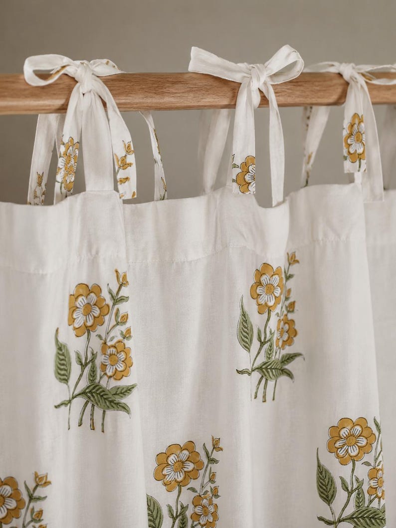 Yellow Floral Hand Block Print Cotton Curtain Panel, Tie Top, White, 1 Panel