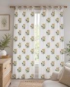 Yellow Floral Hand Block Print Cotton Curtain Panel, Tie Top, White, 1 Panel