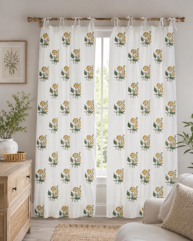 Yellow Floral Hand Block Print Cotton Curtain Panel, Tie Top, White, 1 Panel