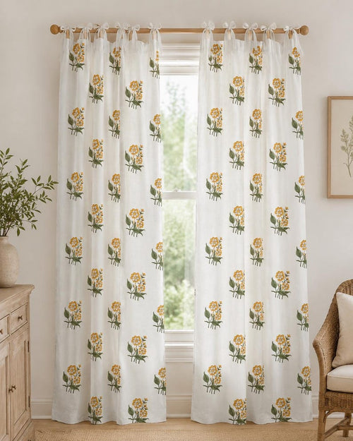Yellow Floral Hand Block Print Cotton Curtain Panel, Tie Top, White, 1 Panel