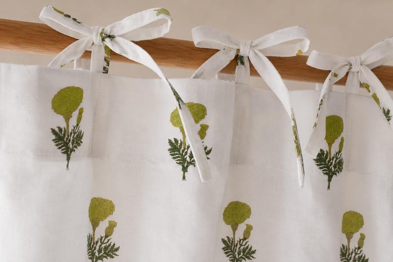 Green Floral Hand Block Print Cotton Curtain Panel – White Tab Top Tie Top Rod Pocket Drapes
