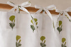 Green Floral Hand Block Print Cotton Curtain Panel – White Tab Top Tie Top Rod Pocket Drapes