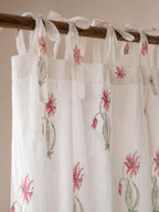 Hand Block Print Cotton Curtain Panel White Floral Tie Top Jaipur Drapes