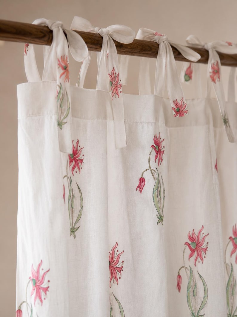 Hand Block Print Cotton Curtain Panel White Floral Tie Top Jaipur Drapes