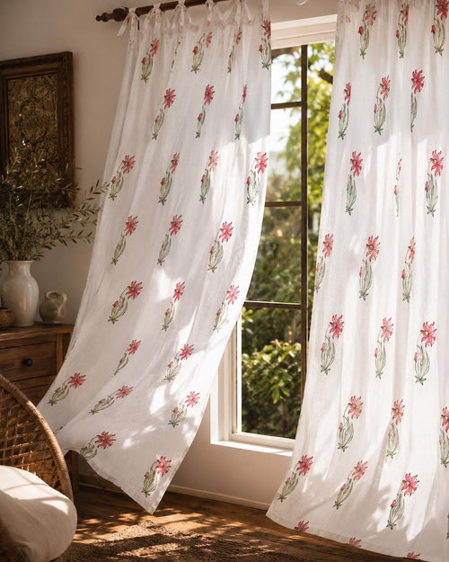 Hand Block Print Cotton Curtain Panel White Floral Tie Top Jaipur Drapes