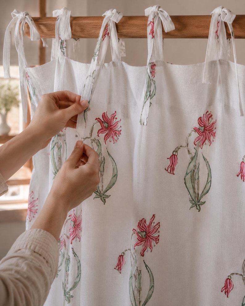 Hand Block Print Cotton Curtain Panel White Floral Tie Top Jaipur Drapes