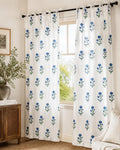 Blue Floral Hand Block Print Curtain Panel – 100% Cotton, White, Rod Pocket/Tab Top/Tie Top/Ruffled/Back Tab