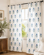 Blue Floral Hand Block Print Curtain Panel – 100% Cotton, White, Rod Pocket/Tab Top/Tie Top/Ruffled/Back Tab