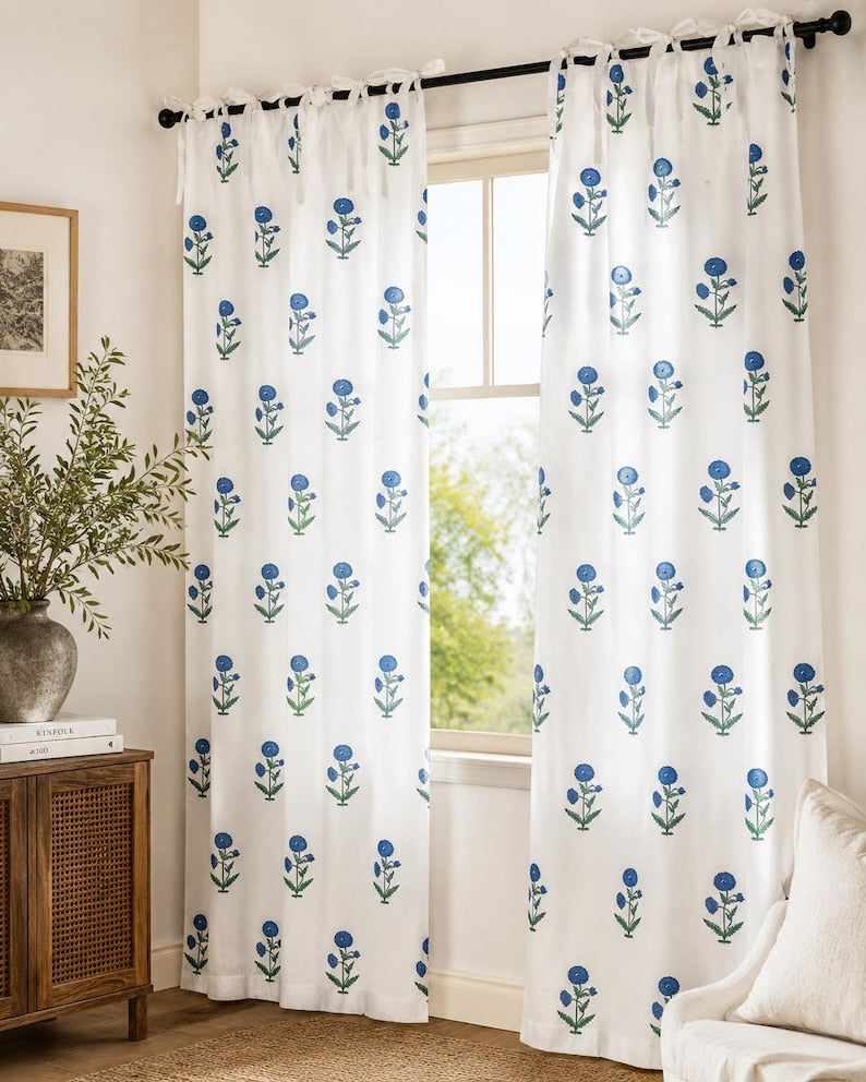 Blue Floral Hand Block Print Curtain Panel – 100% Cotton, White, Rod Pocket/Tab Top/Tie Top/Ruffled/Back Tab