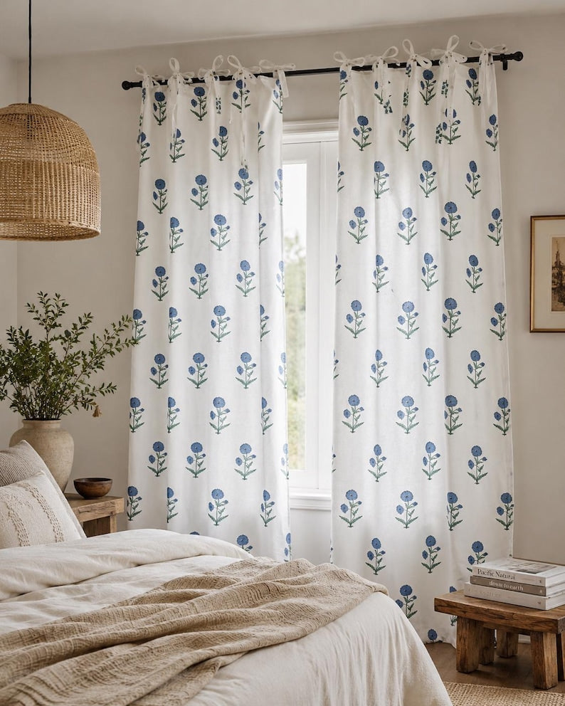 Blue Floral Hand Block Print Curtain Panel – 100% Cotton, White, Rod Pocket/Tab Top/Tie Top/Ruffled/Back Tab