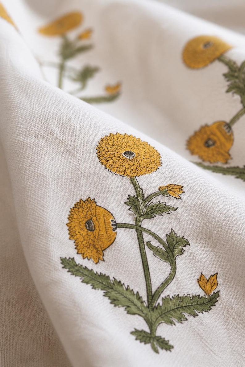 Yellow Mustard Floral Hand Block Print Cotton Curtain Panel - Boho Farmhouse Window Drape, Rod Pocket, Tab Top, Tie Top