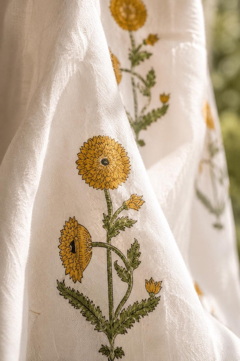 Yellow Mustard Floral Hand Block Print Cotton Curtain Panel - Boho Farmhouse Window Drape, Rod Pocket, Tab Top, Tie Top