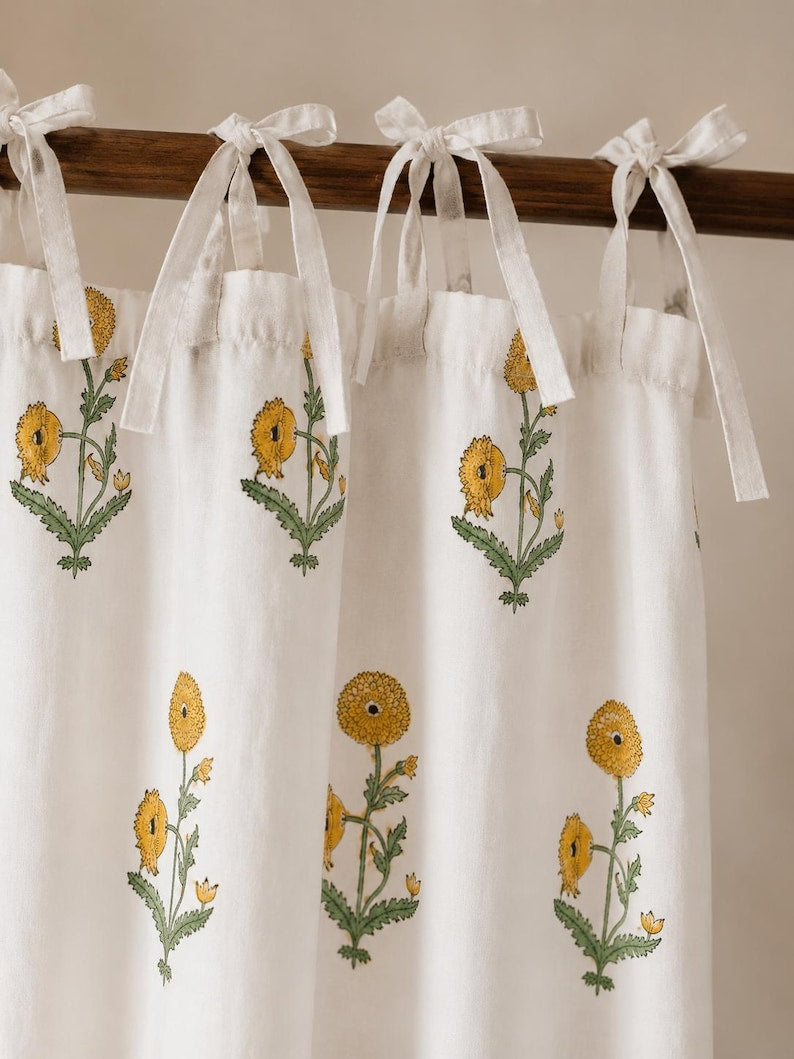 Yellow Mustard Floral Hand Block Print Cotton Curtain Panel - Boho Farmhouse Window Drape, Rod Pocket, Tab Top, Tie Top