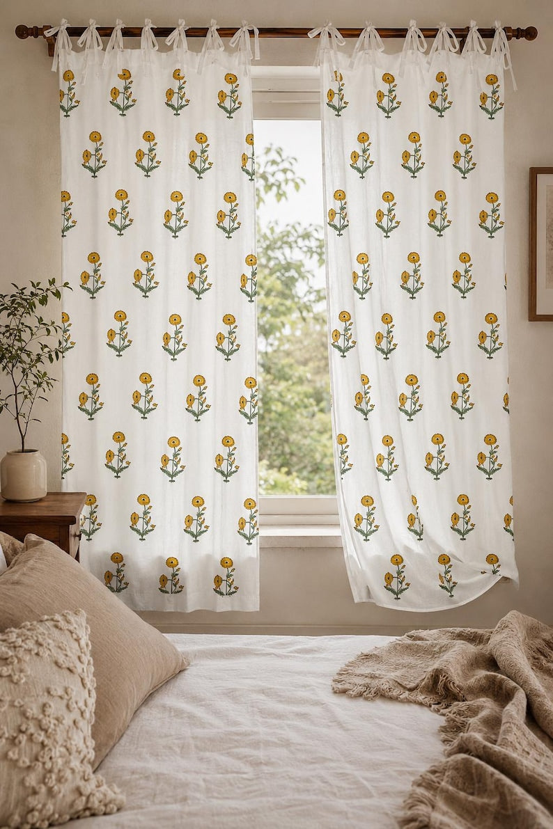 Yellow Mustard Floral Hand Block Print Cotton Curtain Panel - Boho Farmhouse Window Drape, Rod Pocket, Tab Top, Tie Top