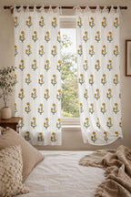 Yellow Mustard Floral Hand Block Print Cotton Curtain Panel - Boho Farmhouse Window Drape, Rod Pocket, Tab Top, Tie Top