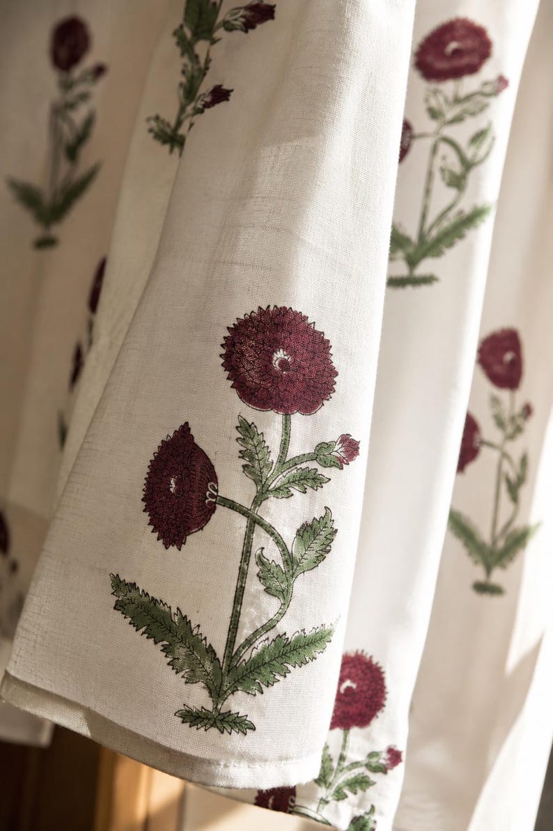 Maroon Floral Hand Block Print Cotton Curtain Panel, White Cotton Drape, Rod Pocket, Tie Top, Tab Top