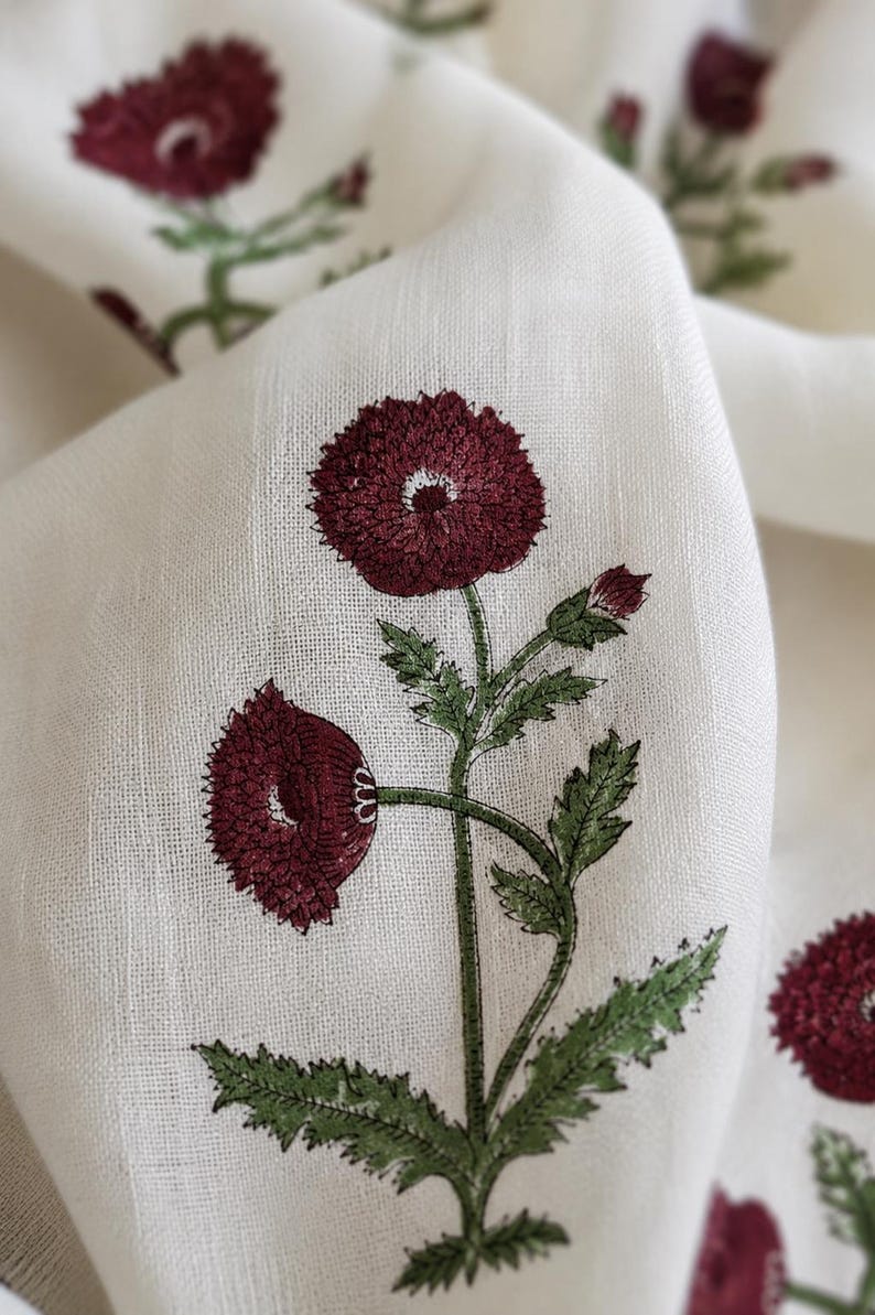 Maroon Floral Hand Block Print Cotton Curtain Panel, White Cotton Drape, Rod Pocket, Tie Top, Tab Top