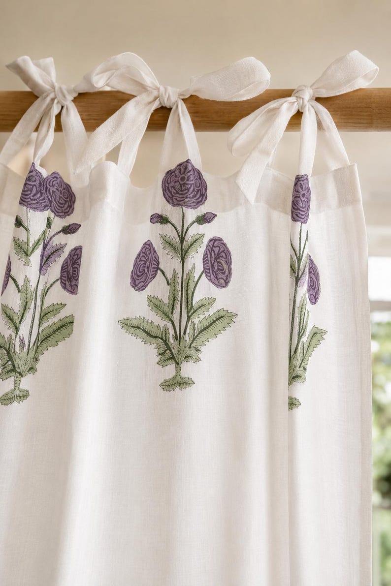 Purple Floral Block Print Cotton Curtain Panel, Lavender Botanical Drapery, 1 Single Panel, Soft White Base, Handmade