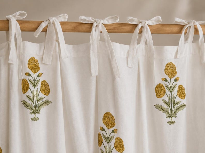 Yellow Floral Hand Block Print Cotton Curtain Panel, White Boho Window Drape