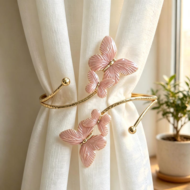 Gold Enamel Butterfly Curtain Tiebacks, Pink Metal Holdbacks for Light to Medium-Weight Curtains, Open-Loop Style, 2 Pack