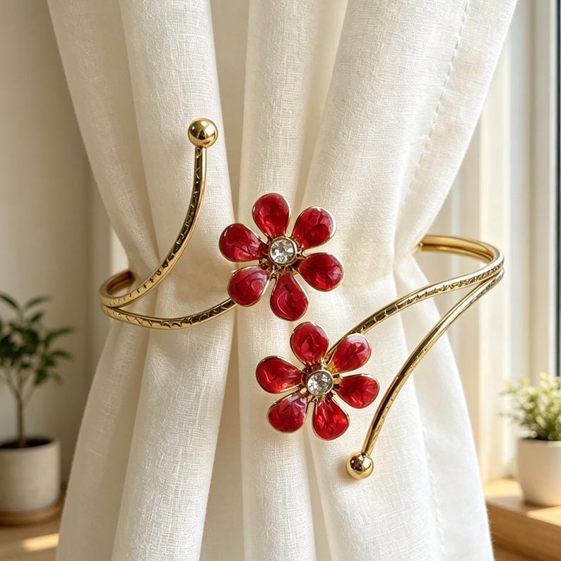 Enamel Flower Curtain Tieback with Gold Crystal, Adjustable Spring Holdback, Single