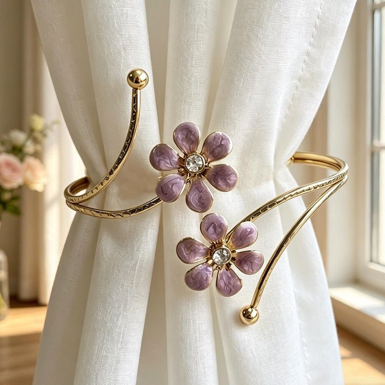 Enamel Flower Curtain Tieback with Gold Crystal, Adjustable Spring Holdback, Single