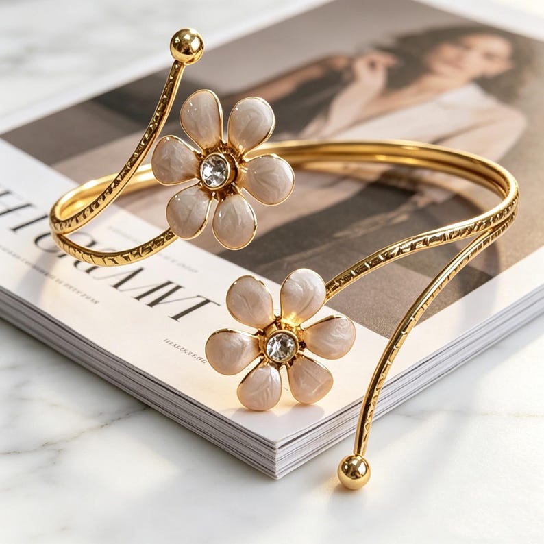 Enamel Flower Curtain Tieback with Gold Crystal, Adjustable Spring Holdback, Single