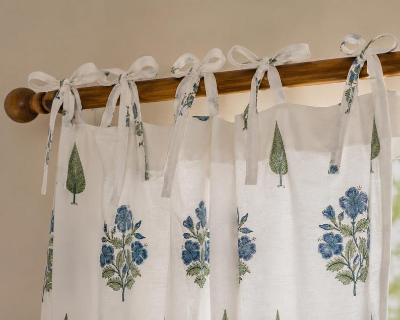 Floral Hand Block Print Cotton Curtain Panel - Blue and Green Window Drape for Boho Farmhouse Home Decor - Light Filtering