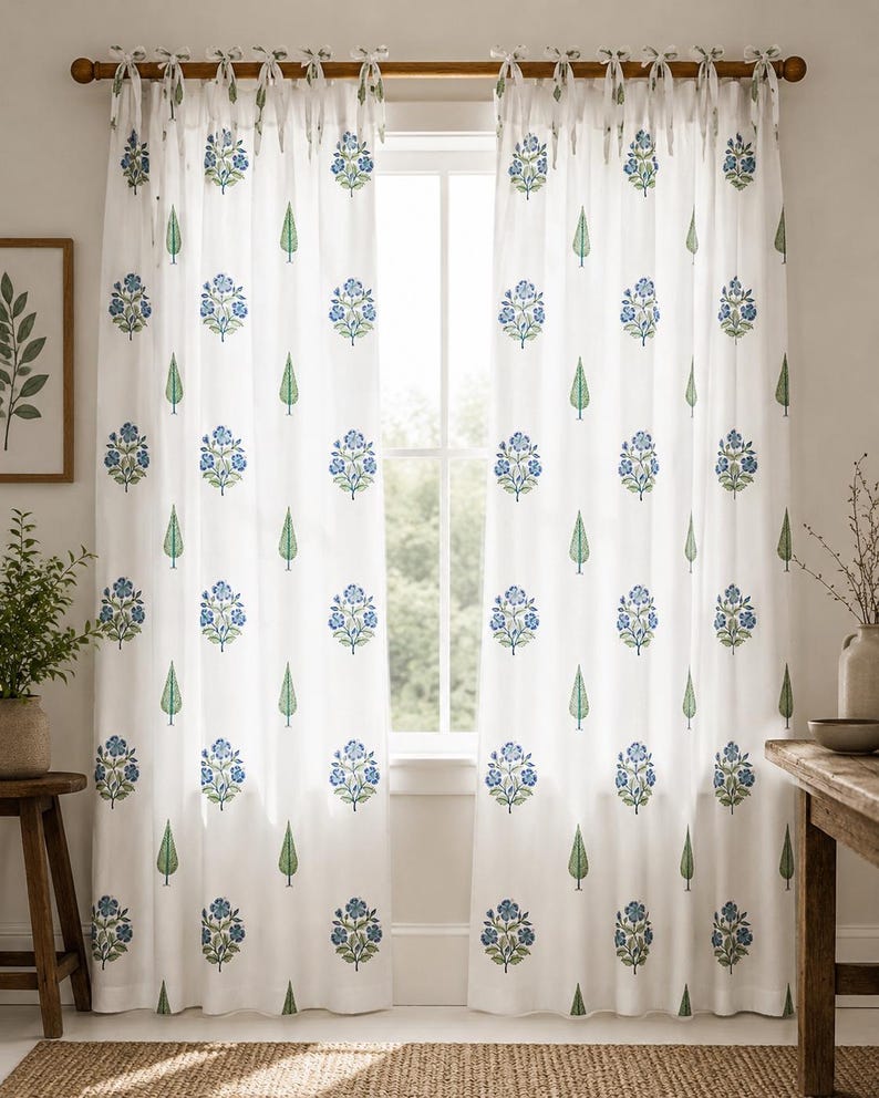 Floral Hand Block Print Cotton Curtain Panel - Blue and Green Window Drape for Boho Farmhouse Home Decor - Light Filtering