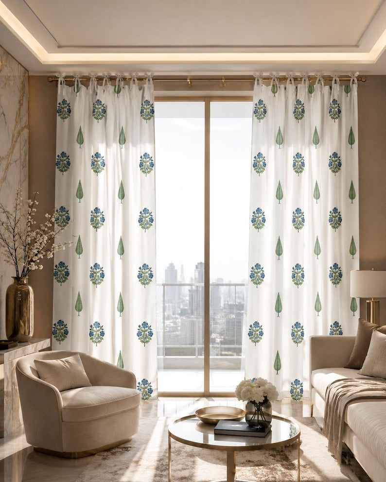 Floral Hand Block Print Cotton Curtain Panel - Blue and Green Window Drape for Boho Farmhouse Home Decor - Light Filtering